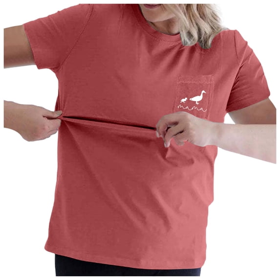 Gelikeya Maternity Shirts Mama Pocket Nursing Shirt for Breastfeeding Cute Printed T-Shirt Graphic Tee Casual Short Sleeve Tops Brick Red, Size L