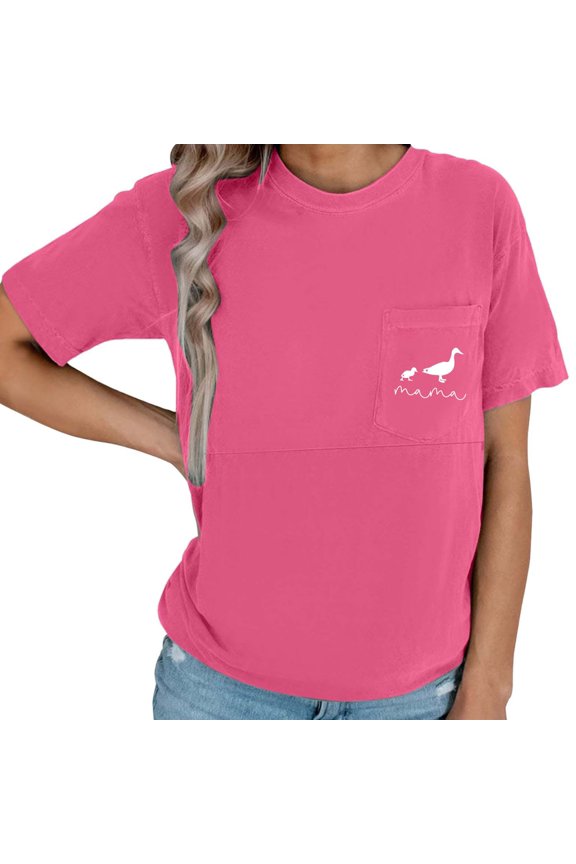Maternity Shirts Mama Pocket Nursing Shirt for Breastfeeding Cute Printed T-Shirt Graphic Tee Casual Short Sleeve Tops Hot Pink, Size S