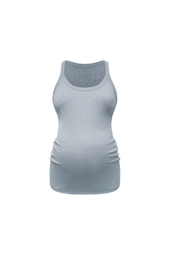 Maternity Tank Tops Seamless Side Ruched Sleeveless Pregnancy Basic Shirt with Built in Bra Workout Top Light Blue, Size XL