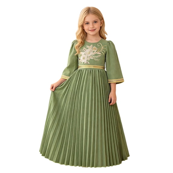 Gelikeya Muslim Abaya Prayer Dress Girls Ruffle Long Sleeve Floral Embroidery A Line Gown Muslim Dubai Robe Gown Green, 6-7 Years