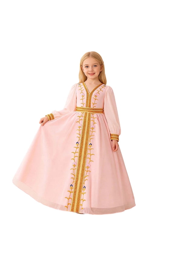 Muslim Abaya Prayer Dress Girls Ruffle Long Sleeve Floral Embroidery A Line Gown Muslim Dubai Robe Gown Z01 Pink, 5-6 Years