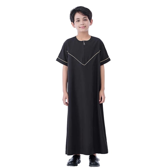 Gelikeya Muslim Dress for Boys Long Sleeve Striped Thobe Eid Prayer Clothes Kids Dresses Muslim Arabic Robe Sports Fan Jackets Khaki, 13-14 Years