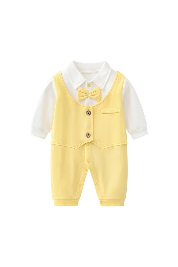 Baby Boy Clothes Gentleman Toddler Rompers Long Sleeve Bowtie Jumpsuit Outfits Formal Wear Tuxedo Suit (#04 Yellow, 0-3 Months)
