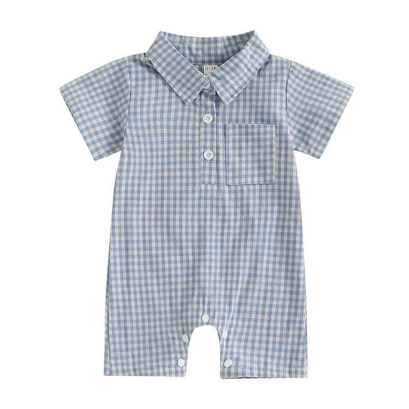 Gelikeya Baby Boy Clothes Gingham Short Sleeve Collared Romper Jumpsuit Plaid Button Down Bodysuit Summer Outfit (Blue, 0-3 Months)