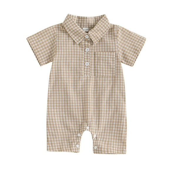 Gelikeya Baby Boy Clothes Gingham Short Sleeve Collared Romper Jumpsuit Plaid Button Down Bodysuit Summer Outfit (Khaki, 12-18 Months)