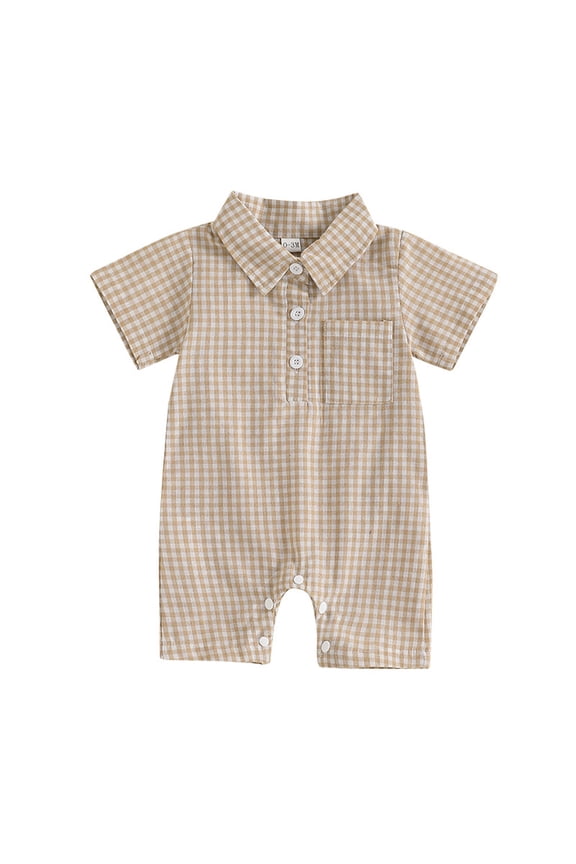 Baby Boy Clothes Gingham Short Sleeve Collared Romper Jumpsuit Plaid Button Down Bodysuit Summer Outfit (Khaki, 6-12 Months)