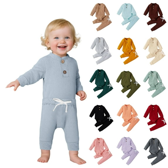 Gelikeya Baby Boy Girl Clothes 0-3 Months Light Gray Ribbed Knitted Cotton Long Sleeve Romper Pants 2PC Solid Color Fall Winter Outfits