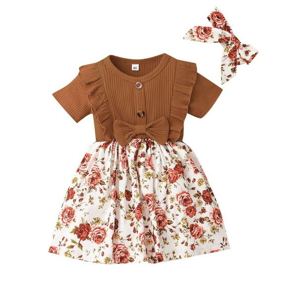 Gelikeya Baby Easter Dresses Cute Bowknot Design Girls Floral Summer Dress Skirt Sleeveless Coat Headband 2 PC(Toddlers, Z02-Brown, 12-18 Months)