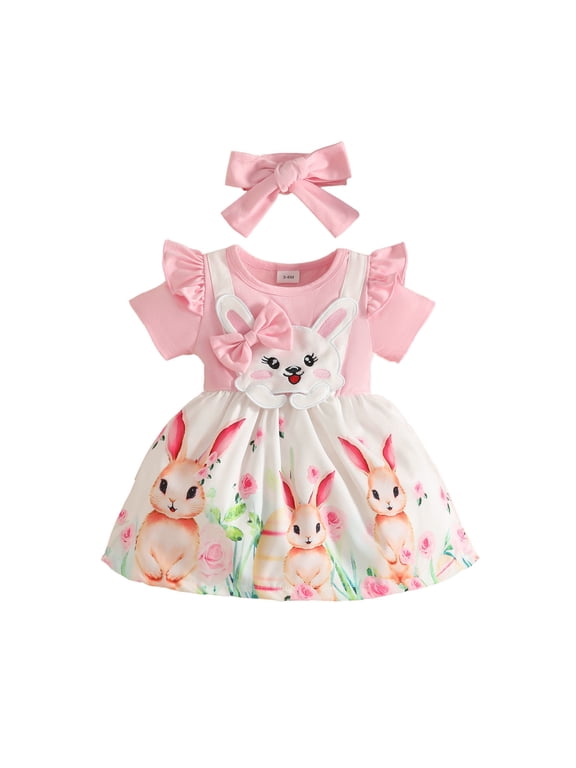 Baby Girls Easter Outfit Short Sleeve Bunny Embroidery Suspender Romper Toddler Dress with Headband 2 Piece Set Pink, 2-3 Years