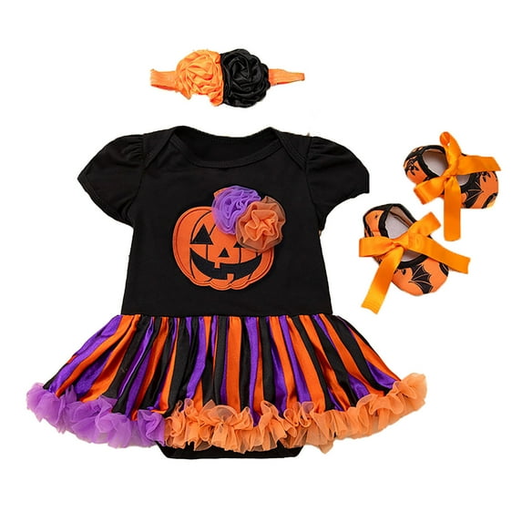 Gelikeya Newborn Baby Girls My First Halloween Clothes Cute 3 Piece Tutu Dress Headband and Shoes Pumpkin Outfits for little Girl (B, 3-6 Months)