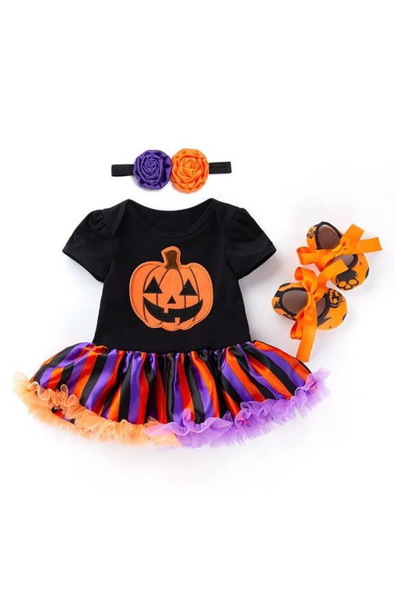 Newborn Baby Girls My First Halloween Clothes Cute 3 Piece Tutu Dress Headband and Shoes Pumpkin Outfits for little Girl (D, 0-3 Months)