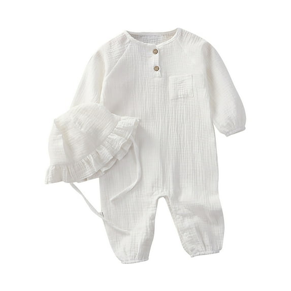 Gelikeya Baby Sleepers Boys Girls Clothes Solid Color Long Sleeve Jumpsuit Bodysuit Toddler Rompers with Hats (White, 6-12 Months)