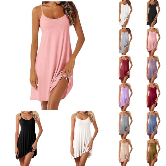 Gelikeya Nightgowns for Women Sleepwear with Built in Bra Spaghetti Strap Sleeveless Beach Dress Padded Full Sun Dress Soft Casual Under Dress Red Size L