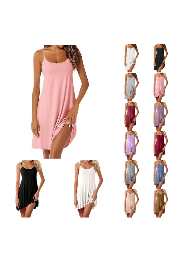 Nightgowns for Women Sleepwear with Built in Bra Spaghetti Strap Sleeveless Beach Dress Padded Full Sun Dress Soft Casual Under Dress White Size L