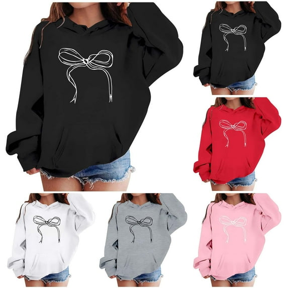 Gelikeya Oversized Crewneck Sweatshirt Girls Cute Bowknot Graphic Sweatshirts Long Sleeve Pullover Sweater Tops 3-14Y (Pink, 8-10 Years)
