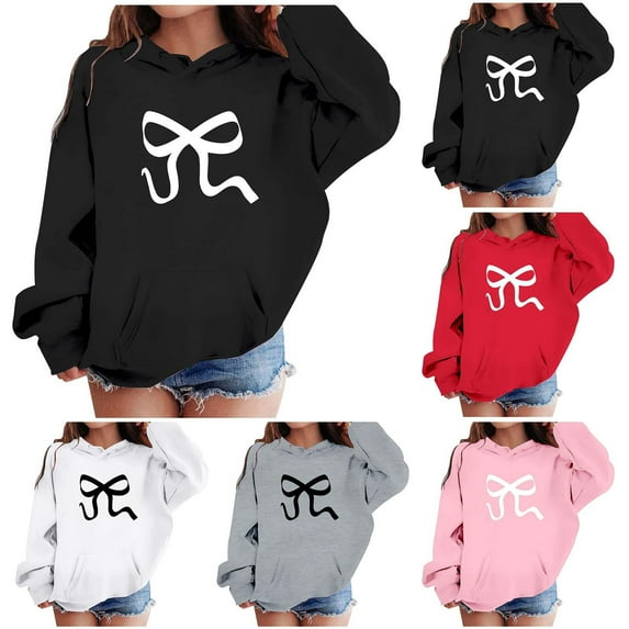 Gelikeya Oversized Hoodies for Teen Girls Size 13-14 Grey Cute Bowknot Graphic Sweatshirts Long Sleeve Pullover Sweater Tops 3-14Y