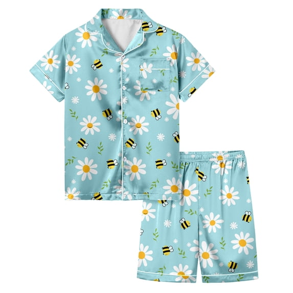 Gelikeya Pajamas Set Bee Festival Button Down Satin Short Sleeve Top and Shorts Set World Bee Day Nightgown Loungewear (Kids, 018-Light Blue, 8-9 Years)