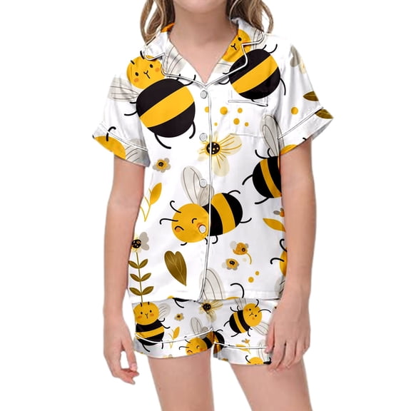 Gelikeya Pajamas Set Bee Festival Button Down Satin Short Sleeve Top and Shorts Set World Bee Day Nightgown Loungewear (Tweens, 022-Light Gray, 10-11 Years)