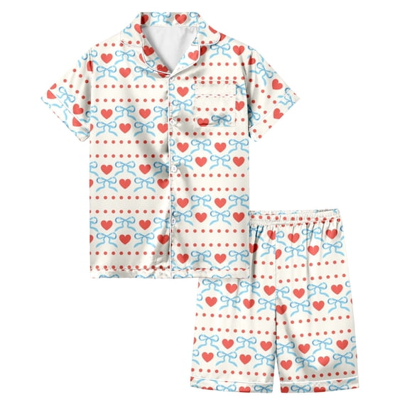 Gelikeya Pink Puff 2 Piece Outfits for Girls Bow Printed Pajama Set Silk Lapel Button Down Short Sets Cute Preppy Clothing Sets 2-13Y (Kids, 027-Beige, 8-9 Years)