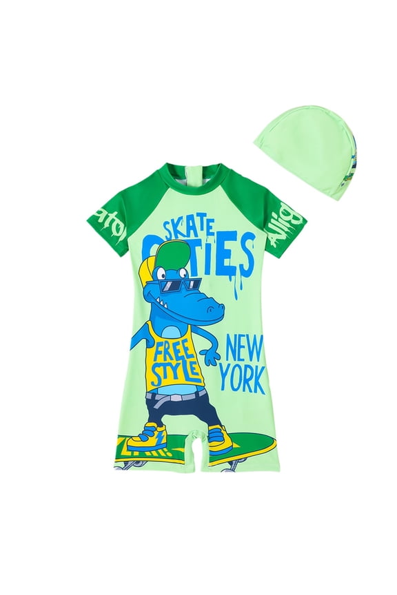 Rash Guard for Boys Size 5-6 Swim Trunks with Compression Liner Short Sleeve Boys Swim Suits (Toddlers, Z28 Green, 5-6 Years)