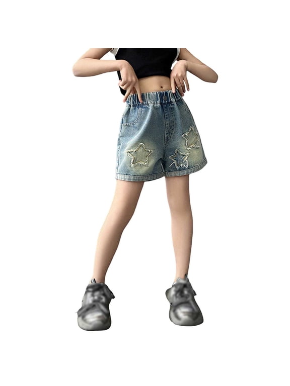 Ripped Jean Shorts for Girls Stretchy Denim Pull on Shorts Wide Leg Elastic Waist Cute Shorts Back To School Dailywear Blue, 11-12 Years