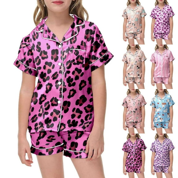 Gelikeya Satin Pajamas for Girls Size 12-13 Cute Pink Silk Short Sleeve Pajama Set with Adorable Puppy Prints Kids Clothes 2-13Y (Pink Cat, 12-13 Years)