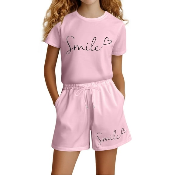Gelikeya School Uniform for Girls Szie 13-14 Light Pink 2 Piece Tee Shirt and Pants Set