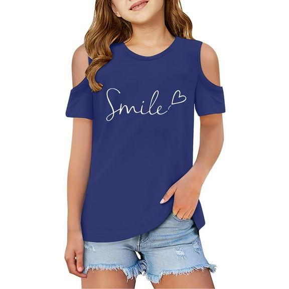 Gelikeya Shirts for Teens Girls Size 3-12 Blue Short Sleeved Casual Round Neck Oversized Tops Solid Color Clothing 3-4 Years