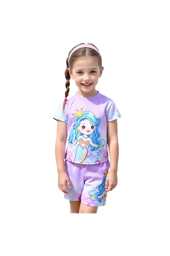 Short Sleeve Rash Guard Set for Girls 3T-4T Cute Cartoon Character Short Sleeve Shirts Swim Trunks Two Piece Sets Bathing Suit Summer Swimwear (Toddlers, Purple)