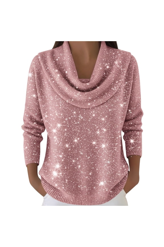 Sparkly Sweaters for Women Cowl Neck Mardi Gras Shirt 2025 Holiday Knitted Casual Loose Pullover Fashion Elegant Long Sleeve Tops, RD2 & Size S
