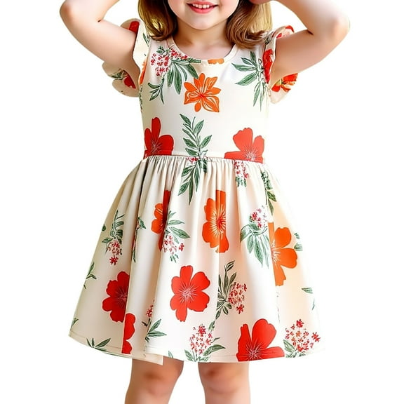 Gelikeya Spring Dresses for Girls Size 5-6 Flutter Sleeve Floral Prints Summer Princess Dress Fashion Cute Design Casual Dress(Toddlers, X07 Orange, 6-7 Years)