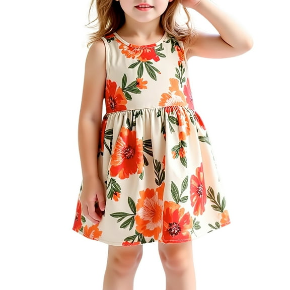 Gelikeya Spring Dresses for Girls Size 5 Summer Sleeveless Flower Prints Princess Dress Fashion Cute Dresses(Toddlers, Orange, 5-6 Years)