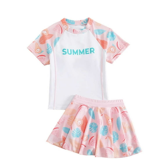 Gelikeya Summer Girls Swimsuits Size 9-10 Rash Guard Sets Bathing Suits Skirts 2 Piece Outfits Holiday Hawaiian Beachwear Party Swimming Suit (Child, Pink)