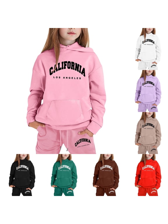 Sweatsuits for Girls Hoodies Graphic Letter Hooded Jogger Set Casual Soft Comfy Sweatshirt Sweatpants with Pockets (Purple, 4-5 Years)