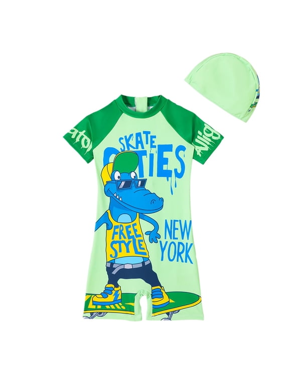 Swim Suits for Boys Size 5-6 UPF 50+ Swim Shirt and Bathing Suit Swim Trunks Short/Long Sleeve Boy Bathing Suit (Toddlers, Z08 Green, 5-6 Years)