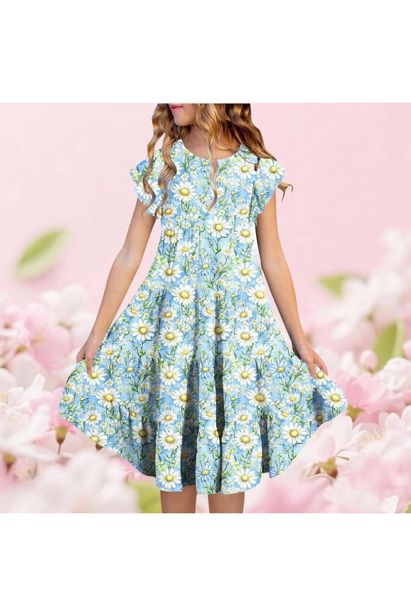 Girls Graduation Dresses Kids Double Layer Ruffle Sleeve Dress Size 6-15 Years Spring and Summer Z11 Light Blue, 6-7 Years