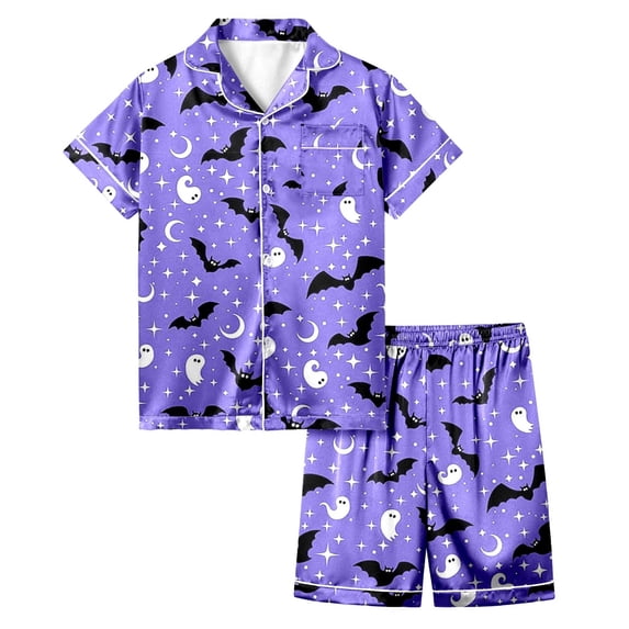 Gelikeya Pajamas Size 12-13 Halloween Pajamas Short Sleeves Collared Tops Shorts 2pcs Outfits Halloween Nighie Gifts Preppy Clothes 2-13Y (Light Purple, 12-13 Years)