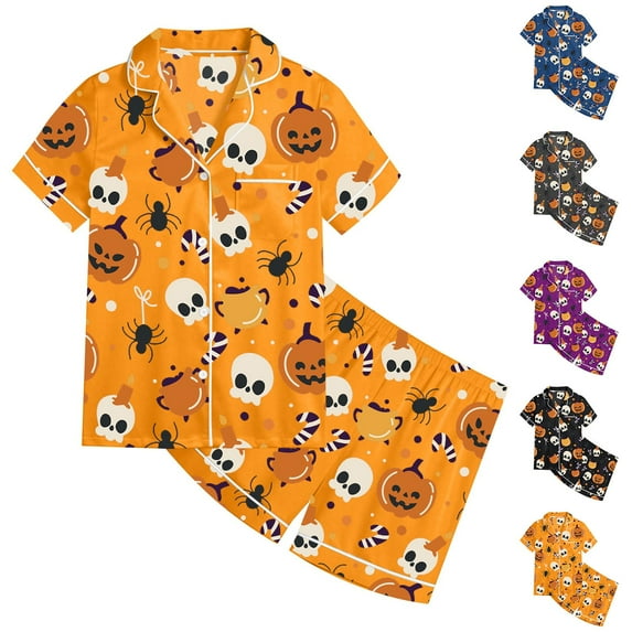 Gelikeya Pajamas Size 8-9 Halloween Pajamas Short Sleeve Graphic Tees Shorts 2 Piece Outfits All Saints' Day Nightwear Preppy Pjs 2-13Y (Dark Gray, 8-9 Years)