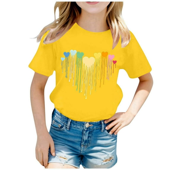 Gelikeya Shirts for Boys Size 12-14 Cute Hearts Valentines Day Shirt Short Sleeve Casual Crewneck Graphic Tee 100 Days of School Shirts Yellow 12-14 Years