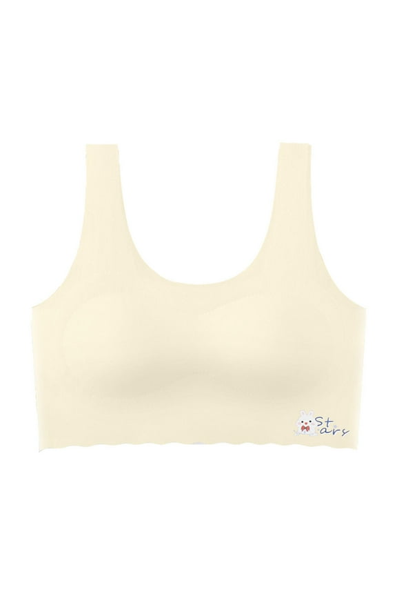 Teen Sports Bras for Girls Ages 8-15 Cute Crtoon Print Design Seamless Padded Training Bras Soft Comfortable Halter Bras(Tweens, Beige, 11-14 Years)