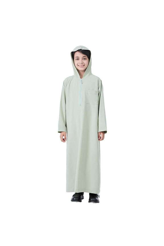 Thobe for Boys with Hood Long Sleeve Outfits Buttons Kaftan Robe with Pocket Casual Arabic Clothes for Kids Green, 4-5 Years