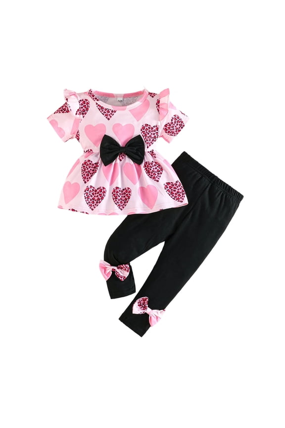 Toddler Baby Girl Valentines Day Outfits Spring Summer Clothes Short Sleeve Cute Hearts Bowknot Dress Tops Pants Set, A01 Pink & 18-24 Months