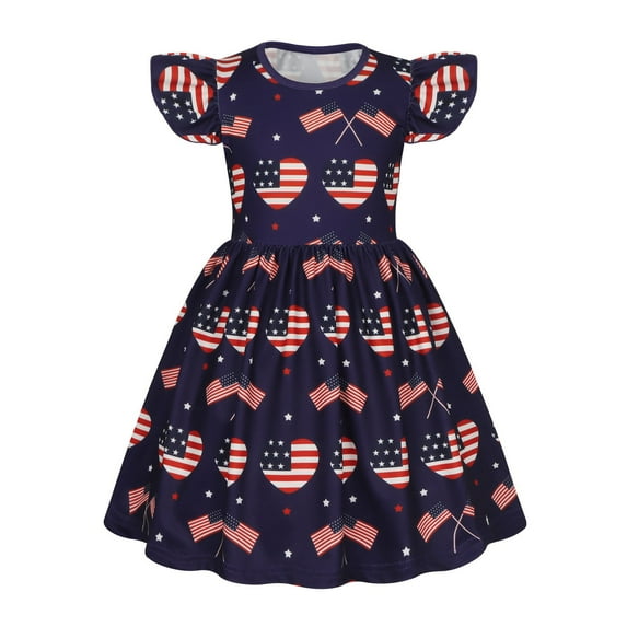Gelikeya Toddler Birthday Dress for Girls Flutter Sleeve Independence Day Flag Print Loungewear Dresses Summer Dailywear Casual Dress(Toddlers, A-Blue02, 3-4 Years)