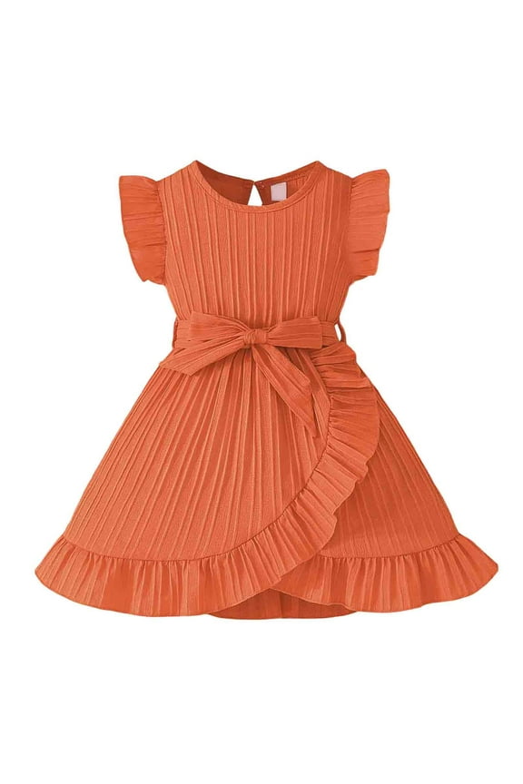 Toddler Birthday Dress for Girls Solid Flutter Sleeve Formal Dress Cute Bowknot Design Summer Casual Dailywear Princess Dress(Toddlers, C01-Orange, 4-5 Years)