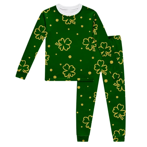 Gelikeya Toddler Boys Girls Pajama Sets St Patricks Day Cartoon Shamrocks Printed Long Sleeve T-Shirt Casual Crewneck Tops and Pants 2 Pieces X01-Green 6-7 Years