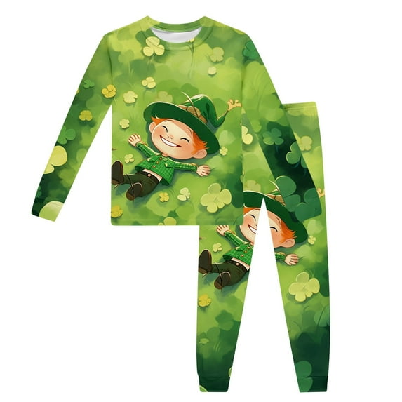 Gelikeya Toddler Boys Girls Pajama Sets St Patricks Day Cartoon Shamrocks Printed Long Sleeve T-Shirt Casual Crewneck Tops and Pants 2 Pieces Z02-Green 4-5 Years