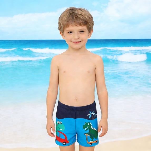 Gelikeya Toddler Boys Swim Trunks 2T-3T Cute Cartoon Dinosaur Printed Swimming Shorts for Pool Party Bathing Suit, Blue
