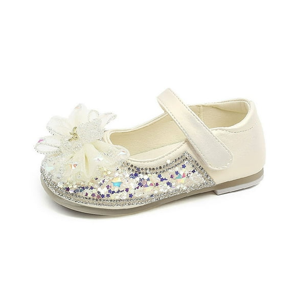 Gelikeya Toddler Dress Shoes Baby Mary Jane Flat for Girls with Bowknot Cotton Princess Dress Crib Wedding Shoes, Beige