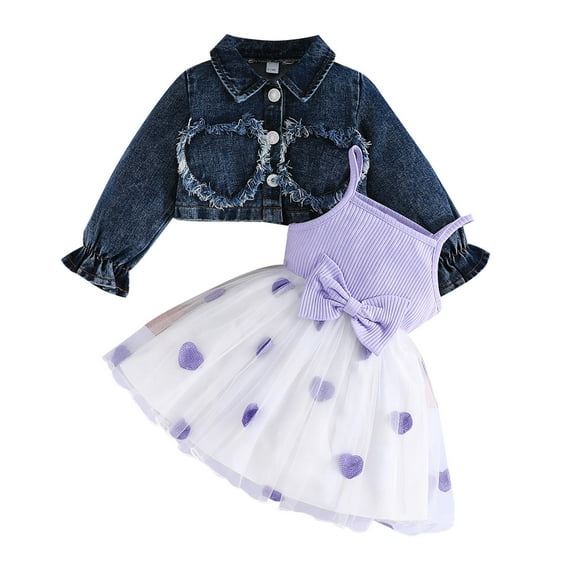 Gelikeya Toddler Dress and Cardigan Girl Cute Hearts Sleeveless Sundress Long Sleeve Denim Jackets Coat Sets 0-4Y (Z02 Purple, 6-9 Months)
