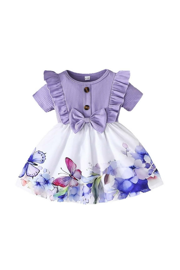 Toddler Easter Dress 6 to 9 Months Cute Bowknot Design Summer Princess Dress Ruffle Short Sleeve Casual Dress(Toddlers, Light Purple, 2-3 Years)